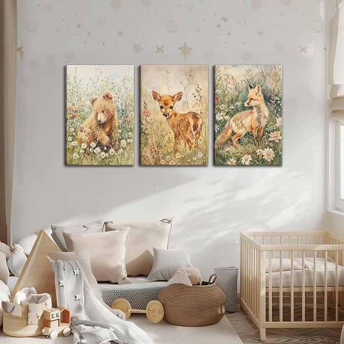 3Pcs Woodland Animal Nursery Canvas Wall Art Forest Animal Nursery Poster Prints Cute Wild Animals Painting Bear Deer Fox Artwork Picture Wall Decor for Boys Girls Room Playroom 16x24in Framed