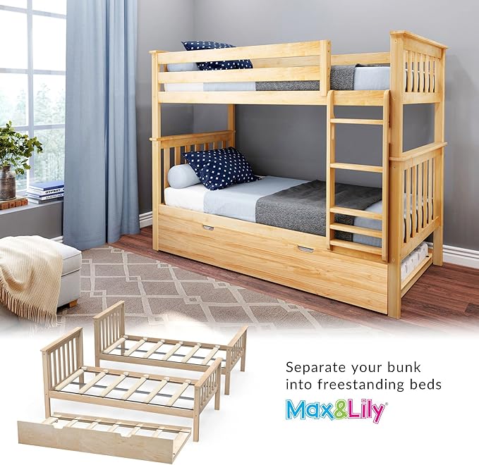 Max & Lily Bunk Bed, Twin-Over-Twin Wood Bed Frame For Kids With Trundle, Natural