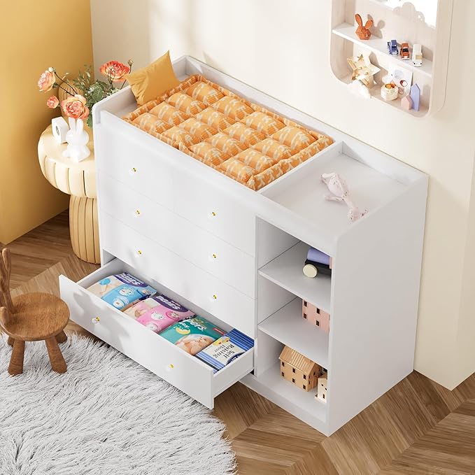 Nursery Dresser Changing Table Dresser with Changing Top Diaper Changing Station with 5 Drawers and 3 Shelves for Children's Room,White