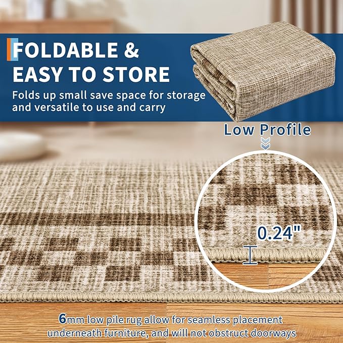 Small Area Rug 2x3 Modern Checkered Entry Rug Solid Color Scalloped Kitchen Rugs Washable Bedroom Doormat Non Slip Stain Resistant Bordered Throw Carpet for Living Room Nursery Laundry, Taupe