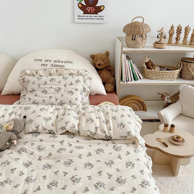 AOJIM Kids Cotton Muslin Duvet Cover with Floral Patterns, 1pc Super Soft Toddler Bedding Comforter Cover 2-Layer Gauze 47X59'', Ruffled Edges Print Duvet Protector for Girls Boys, No Quilt or Pillow