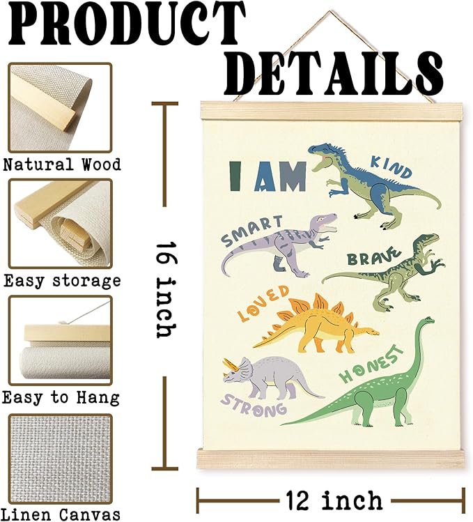Hiuwevt Inspirational Dinosaur Poster Hanger Frame, Dinosaur Room Decor for Boys, I Am Kind Positive Affirmations Dinosaurs Wall Art Decor for Home Kids Boys Room Nursery, 12x16 Inch
