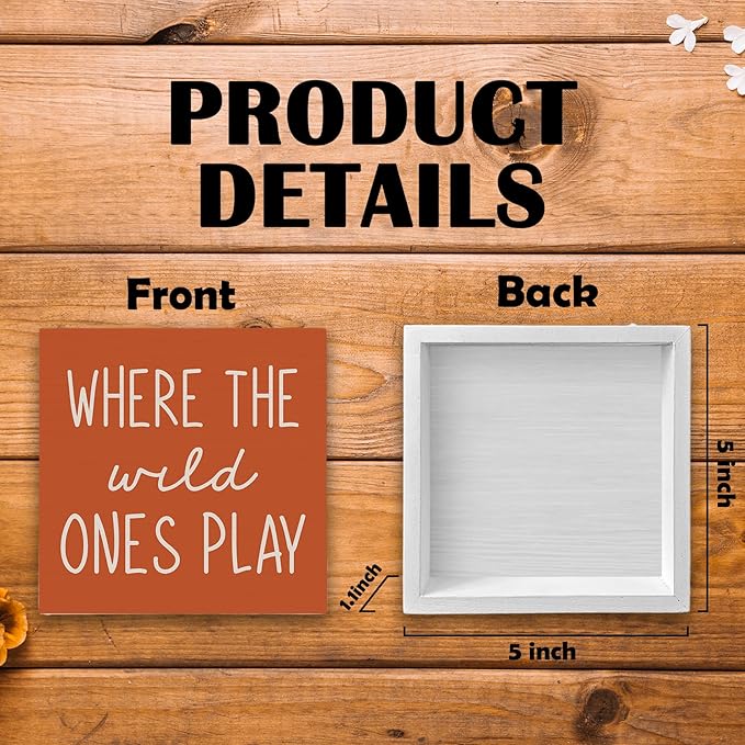 Where The Wild Ones Play Orange Wood Box Sign Desk Decor 5X5, Nursery Kids Room Wooden Block Sign Decorations for Playroom Toddler Boys Girls Room Wall Tabletop Shelf Decor