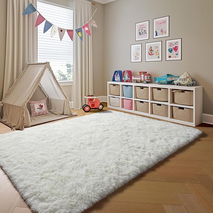 ONASAR Cream White 8x10 Area Rugs for Living Room, Large Fluffy Shag Bedroom Rug, Ivory Washable Soft Plush Thick Shaggy Big Floor Carpet for Kids Boy and Girls Teen Dorm Nursery Indoor Home Decor