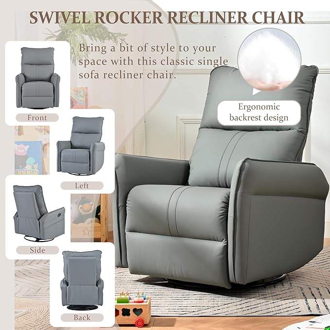 Power Swivel Rocker Recliner Chair for Nursery, Upholstered 270° Swivel Glider Rocker Chair with USB Ports, Small Power Recliners for Small Spaces Living Room