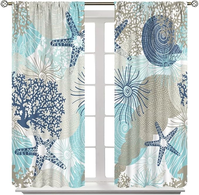 Coastal Curtains Ocean Beach Themed Room Darkening Window Curtain Nautical Coral Blackout Curtain for Bedroom Living Room Bathroom Nursery Set 2 Panels,84x84 Inches