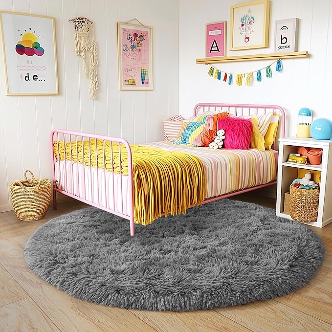 5'x5' Grey Round Rug for Bedroom, Ultra Soft Fluffy Circle Rug for Kids Girls Boys Room, Cute Shag Rugs for Living Room Playroom Teen Room Home Decor Rug