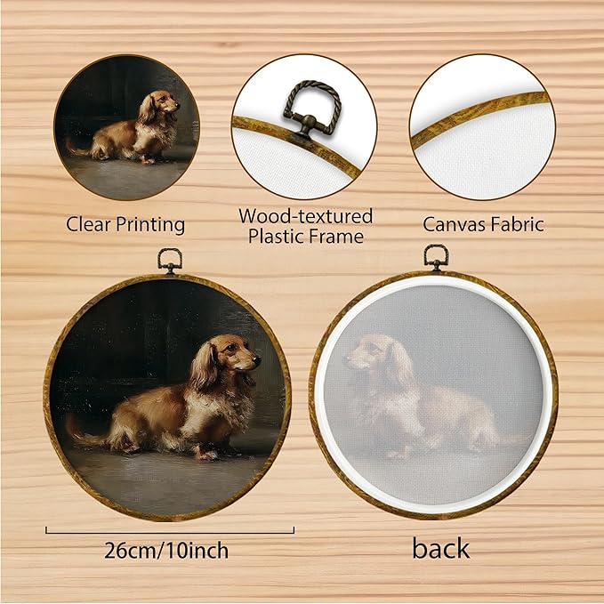 Hiuwevt Vintage Dachshund Round Wall Art Decor, Dachshund Doxie Gifts for Women Framed Canvas Prints, Rustic Weiner Dog Round Wall Hanging Decor for Home Bedroom Living Room Decorations, 10x10 Inches