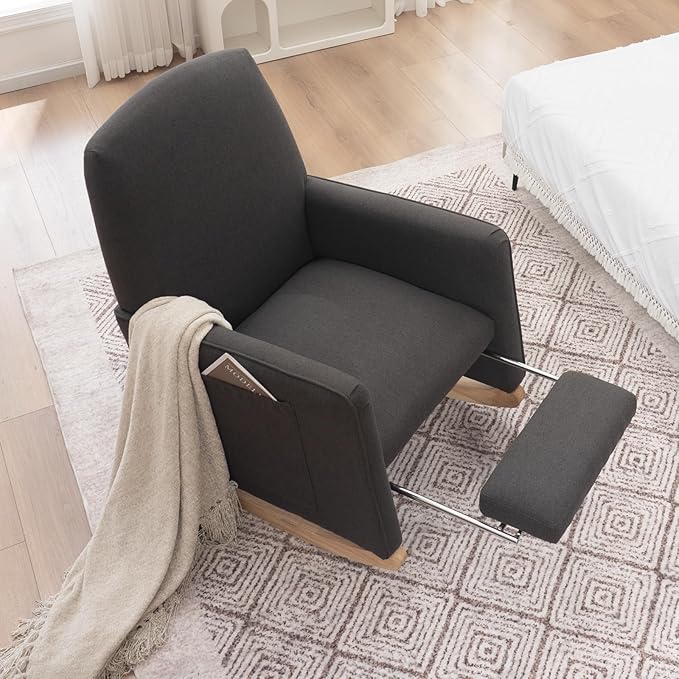 FOXHUNTER Rocking Chair Nursery with Adjustable Footrest and High Backrest, Upholstered Glider Chairs with Side Pockets for Nursery, Rocker Armchair Indoor for Living Room, Dark Gray