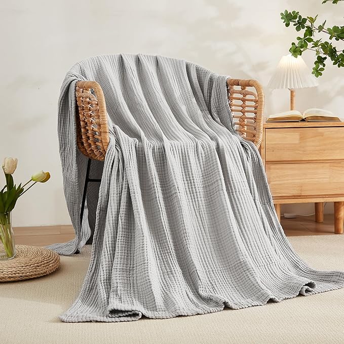 EMME Cotton Muslin King Blanket Big Oversized Bed Layering Bedspread Coverlet Breathable Gauze Soft Lightweight Blankets (Light Grey, 120"x94")