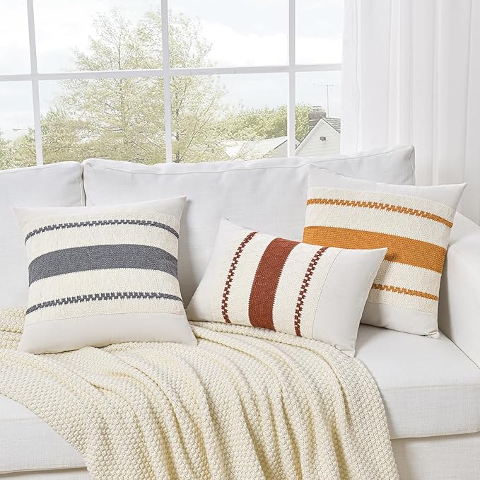 Fancy Homi Set of 2 Neutral Grey Farmhouse Long Lumbar Decorative Throw Pillow Covers 12x24 Inch for Couch Bed Chair, Vintage Country Rustic Retro Room Decor, Soft Thick Cotton Rectangle Cushion Case