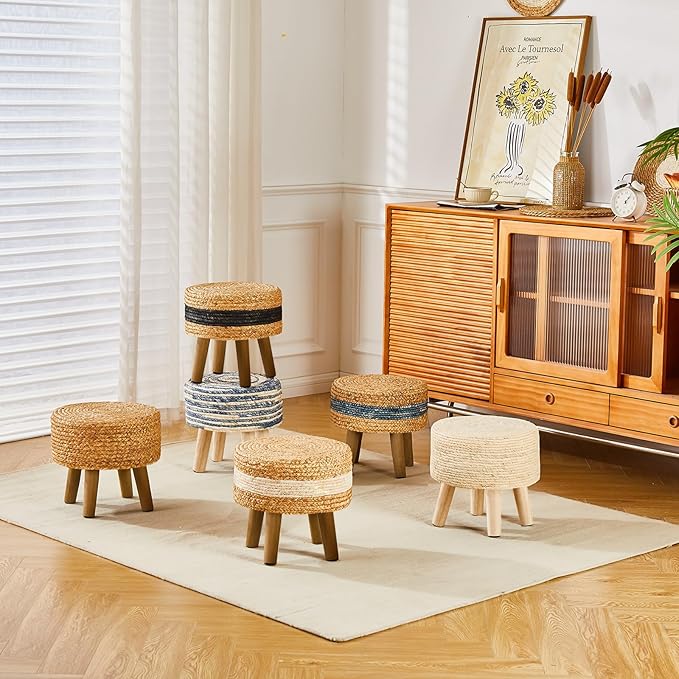 Cpintltr Round Ottoman Natural Seagrass Footstool Hand Weave Water Hyacinth Poufs Eco Friendly Sofa Foot Stool Soft Step Stool Padded Foot Rest with Pine Legs for Living Room (Natural)
