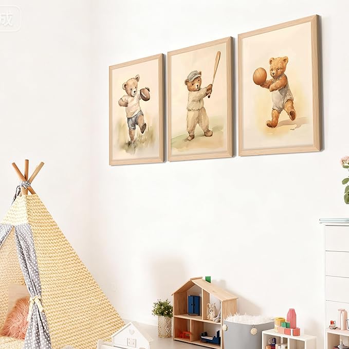 Framed Bear Wall Art Nursery Decor Set of 3, Cute Vintage Baby Bear Sports Pictures Wall Decor, Nursery Animal Poster Prints, Wild Animals Canvas for Children Bedroom Boy Room Decoration – 16x24 inch
