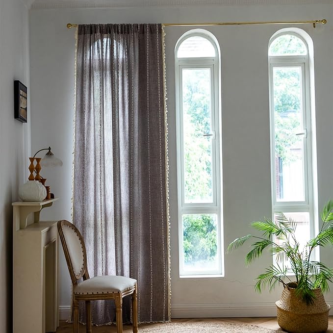 Deeprove Brown Boho Curtains 84 inches Long for Bedroom Living Room, Dark Coffee Bohemian 84 inches Length Embroidery Cottage Farmhouse Privacy Style Tassel Window Treatments, 1 Panel W52 x L84