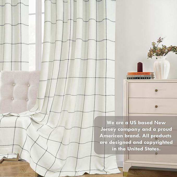 DriftAway 2 Panels 100% Blackout Windowpane Plaid Linen Curtains Double Layer Drapes for Bedroom 90 Inches Long Farmhouse Thermal Insulated 3.25 Inch Rod Pocket Back Tab for Living Room Black