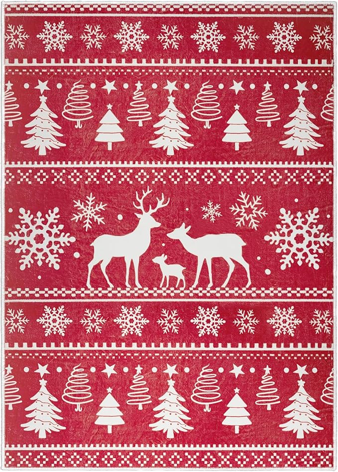 5x7 Machine Washable Christmas Area Rug, Non-Slip Floor Rugs for Kids, Low Pile Room Carpet for Living Room, Bedroom, Dining Room & Nursery(5x7 Elk)