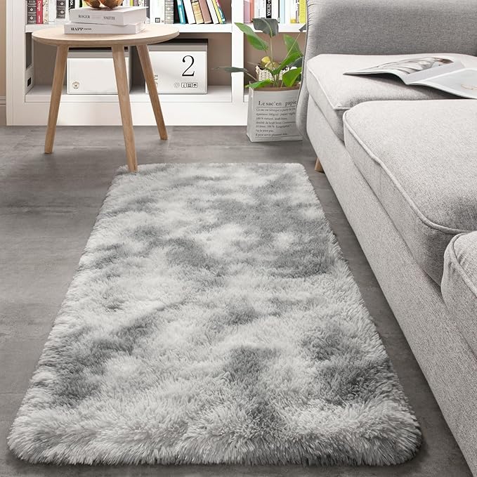 Merelax Soft Area Rugs for Livingroom Bedroom, Shaggy Plush Fuzzy Fluffy Carpet Furry Fur Rug,Modern Indoor Comfy Nursery Kids Dorm Home Decor Floor Mat, 2 x 4 ft, Tie-Dyed Light Grey