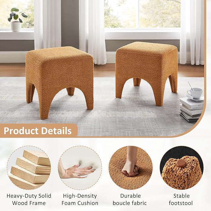 17" Boucle Modern Square Foot Stool Ottoman, Vanity Stool for Makeup, Rectangle Foot Rest for Couch, Upholstered Ottoman Stool for Living Room, Bedroom, Entryway (1, Curry)