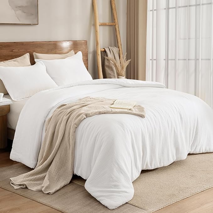 PHF Cotton Muslin Comforter Set Queen Size, Ultra Soft, Breathable & Lightweight All-Season Bedding, Filling: 100% Polyester, 3 Pieces with 1 Comforter 90"x90" and 2 Pillow Shams 20"x26", White