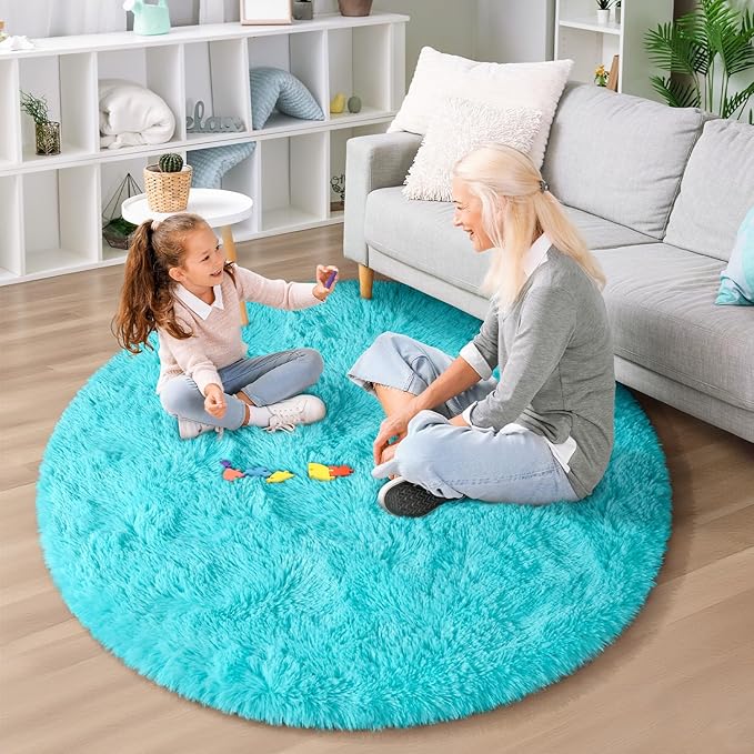 EVOIONOS Teal Blue Round Rug for Bedroom, 4x4 Ft Fluffy Soft Circle Area Rugs for Living Room, Plush Shaggy Circular Carpet for Indoor Floor Bedside Kids Nursery, Machine-Washable Home Decor Aesthetic