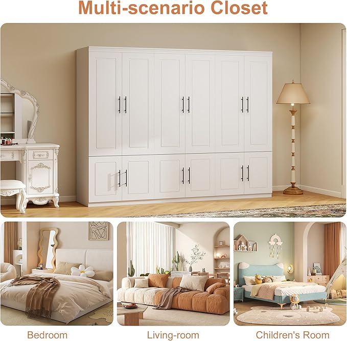 White Armoire Wardrobe Closet with 6 Door: Wood Wardrobe Closet Combination Cabinet Wooden Bedroom Armoire with Hanging Rods for Home/Bedroom/Living Room
