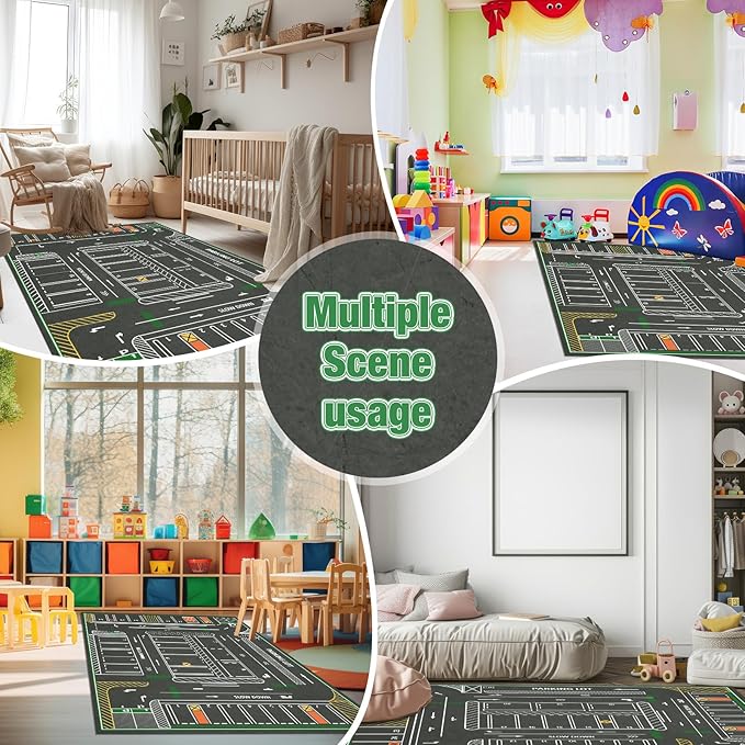 Tinideya Kids Carpet Playmat Rug Player Car Rug, 5x7 ft Traffic Map Mat Educational Game Area for Toddler Children Playroom Classroom Bedroom (Parking, Green)