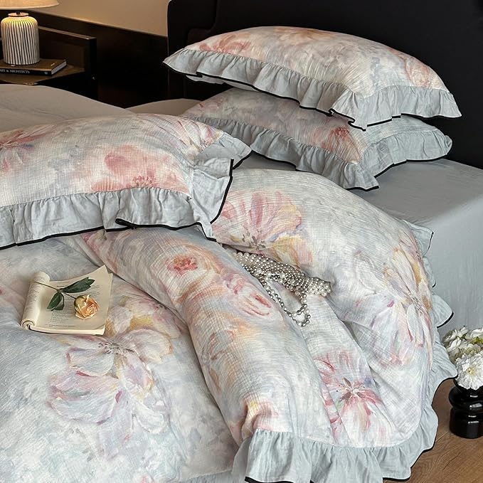 HighBuy Linen Cotton Duvet Cover Full,Blue Ruffle Bedding French Style Floral Print,Yarn-Dyed Textured Duvet Cover Set Blush Flower Shabby Chic Bedding Comforter Cover Set,Soft and Breathable