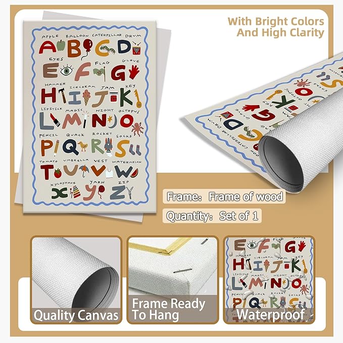 Cute First Illustration Alphabet Learning Canvas Print Posters Eclectic Nursery Wall Art Funny Boho Kids Educational Abc Chart Colorful Decor Picture for Toddlers Classroom Playroom 24x36inch Framed