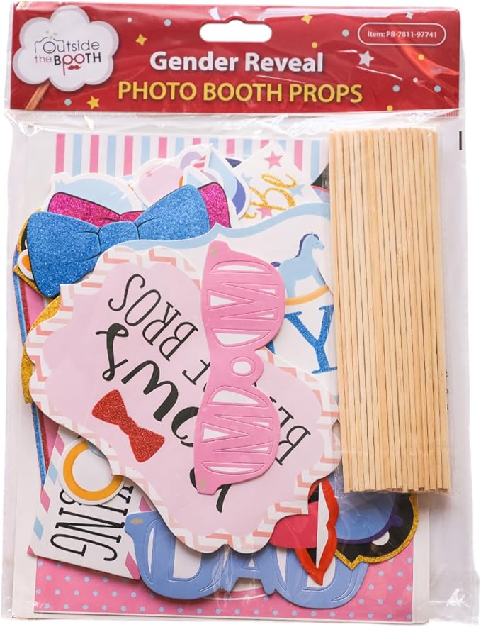 Gender Reveal Photo Booth Props - 41-pc Photobooth Kit with 8 x 10-Inch Sign, 60 Adhesive Pads, 45 Sticks - Baby Gender Reveal Party Supplies for Backdrop