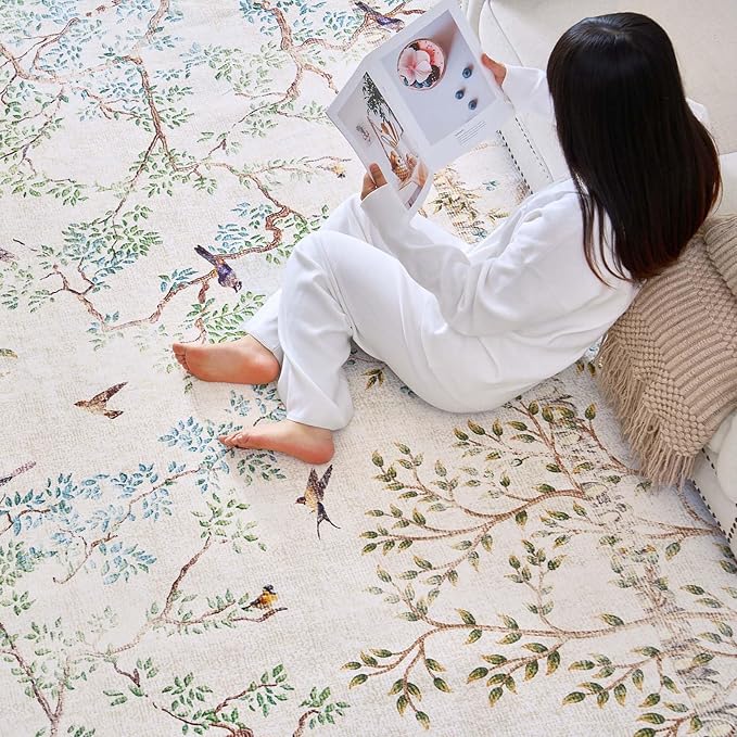 jinchan Yarden Botanical Birds 8x10 Ivory Area Rugs for Living Room Washable Non Slip Soft Nature Plants Modern Kids Carpet Vintage Ultra Thin Low Pile Indoor Rug for Bedroom Nursery Playroom