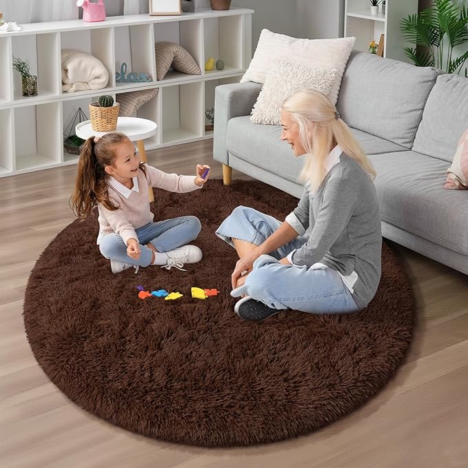 EVOIONOS Coffee Round Rug for Bedroom, 4x4 Ft Fluffy Soft Circle Area Rugs for Living Room, Plush Shaggy Circular Carpet for Indoor Floor Bedside Kids Nursery, Machine-Washable Home Decor Aesthetic
