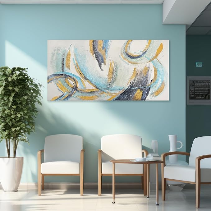 Glvzygy Abstract Wall Art Blue and Gold 24"x48" Canvas Wall Decor Frame Artwork Modern Home Wall Decor for Living Room, Bedroom, Office