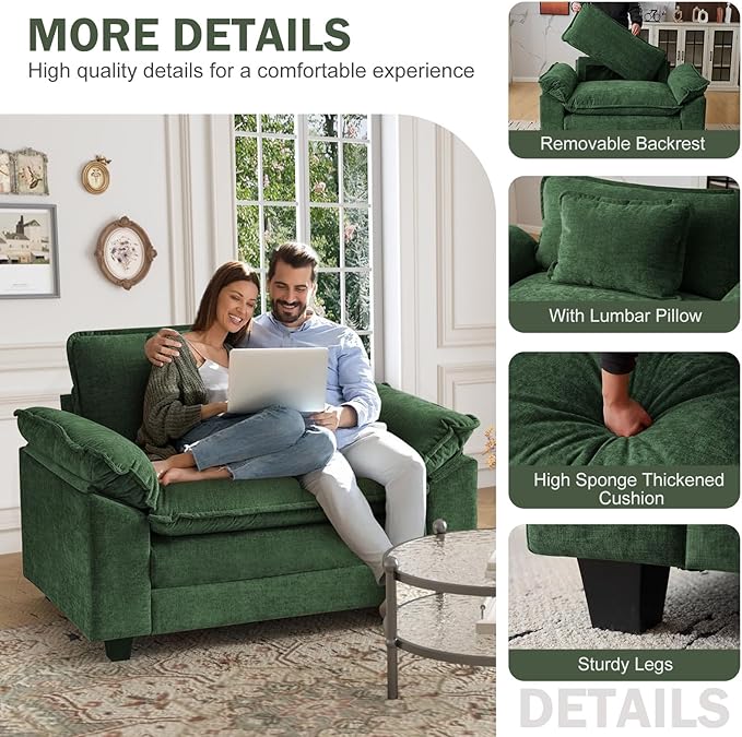 CDCASA Oversized Accent Chair with Ottoman, Chenille Comfy Cloud Sofa Chair with Large Seat and Upholstered Armrests, Modern Extra Wide Armchair Reading Chairs for Bedroom, Living Room,Set of 2,Green