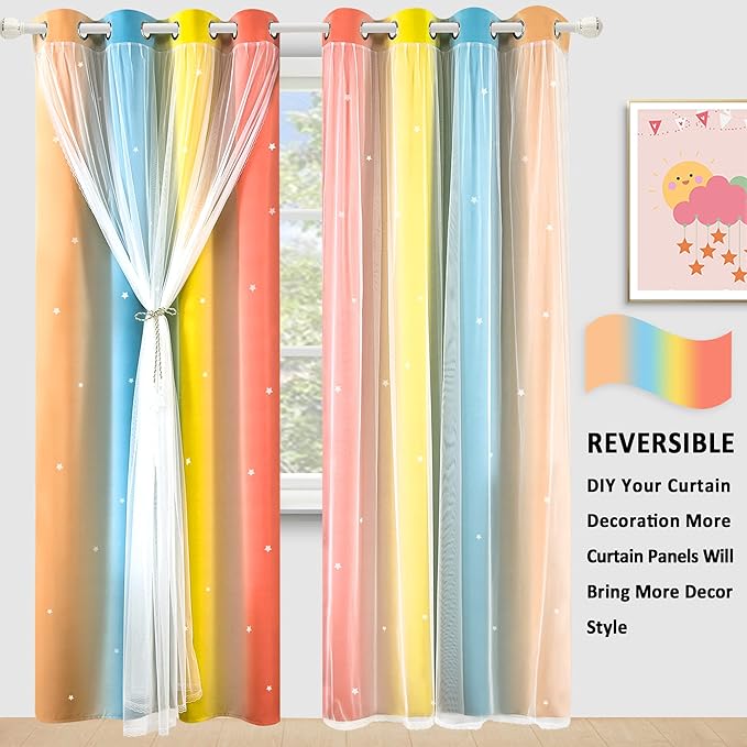 Kinryb Nursery/Kids/Girls Room Star Cut Out Blackout Rainbow Curtain with Sheer Overlay 2 Panels, Each 52 inch Wide,84 inch Length with White Gauze,Ombre Stripe Rainbow Curtains (2 Panels,52x84 Inch)