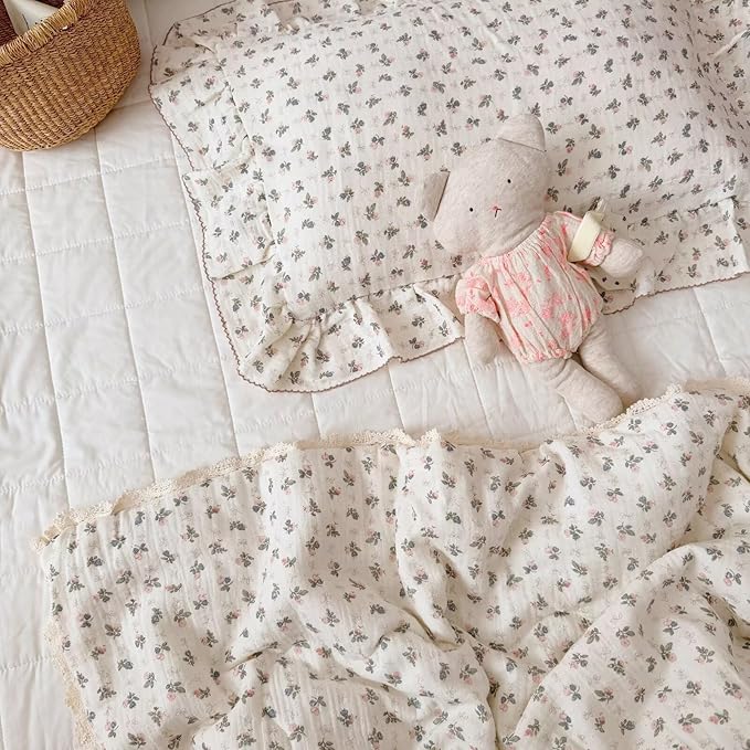 BuLuTu Chic Bellflower Pink Toddler Pillowcase with Ruffles Pillow Cover for Boys Girls 1 2 3 4 5 6 Years Old, Soft Breathable Muslin Cotton Pillow Case for Crib Cot Cradle, 14"x20", 1 pc