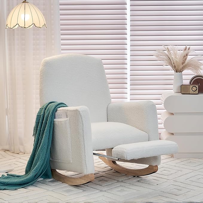 FOXHUNTER Rocking Chair Nursery with Adjustable Footrest and High Backrest, Upholstered Glider Chairs with Side Pockets for Nursery, Rocker Armchair Indoor for Living Room,White