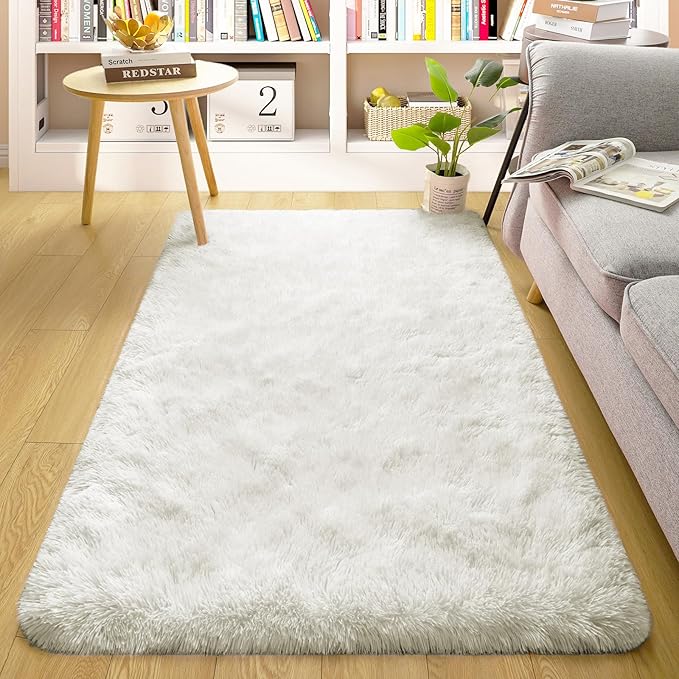 Merelax Fluffy Rug Shaggy Area Rug, Ivory/Cream 2x4 Area Rugs for Bedroom, Small Kids Bedside Rug, Soft Non-Slip Entryway Throw Rugs for Living Room Bedroom Nursery Room Home Decor Aesthetic