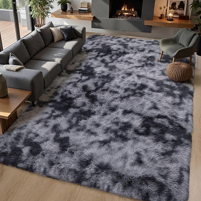 Grey Fluffy 8x10 Large Area Rugs for Bedroom Living Room,Tie-Dye Dark Gray Soft Washable Shag Carpet for Kids Room, Nursery, Dorm Decor, Colorful Cute Plush Fuzzy Rugs for Baby Toddler