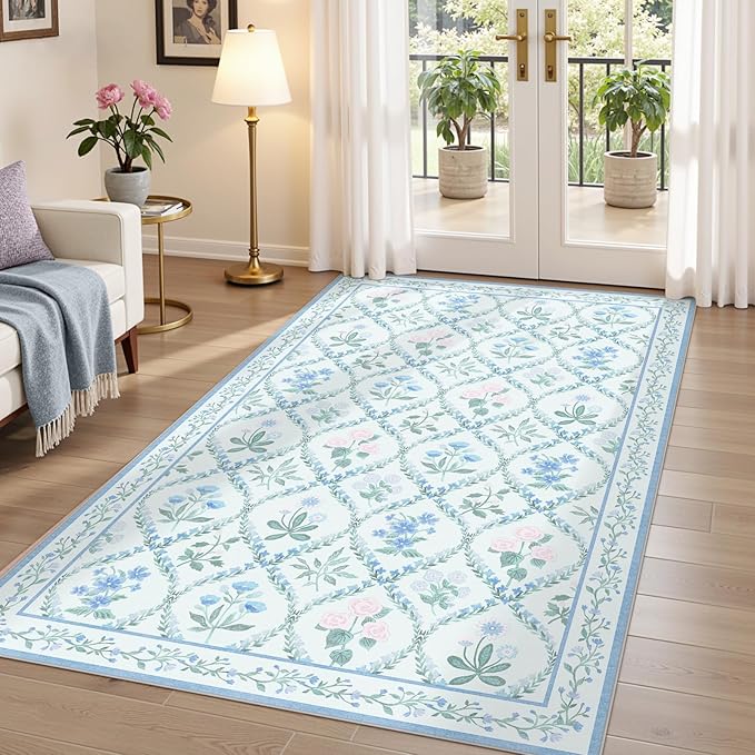 3x5 Baby Nursery Rug, Boho Blue Floral Area Rugs Machine Washable, Soft Ultra-Thin Botanical Carpet Non Slip for Girls Room Bedroom Entryway Playroom Living Room,Blue Multi