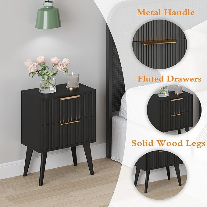 Night Stand,Modern Bedside Table,Black Nightstand with 2 Storage Drawers,Fluted Side Table with Solid Wood Legs,Mid Century End Table for Living Room,Bedroom,Small Space,Black CTG55BK