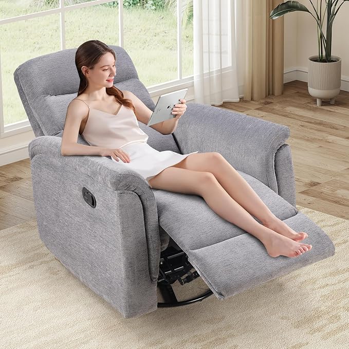 INZOY Swivel Rocker Recliner, Nursery Glider Chair, Manual Chairs Swivel Glider Recliners with Soft Backrest, Fabric Manual Reclining Sofa for Living Room Bedroom Apartment, Grey