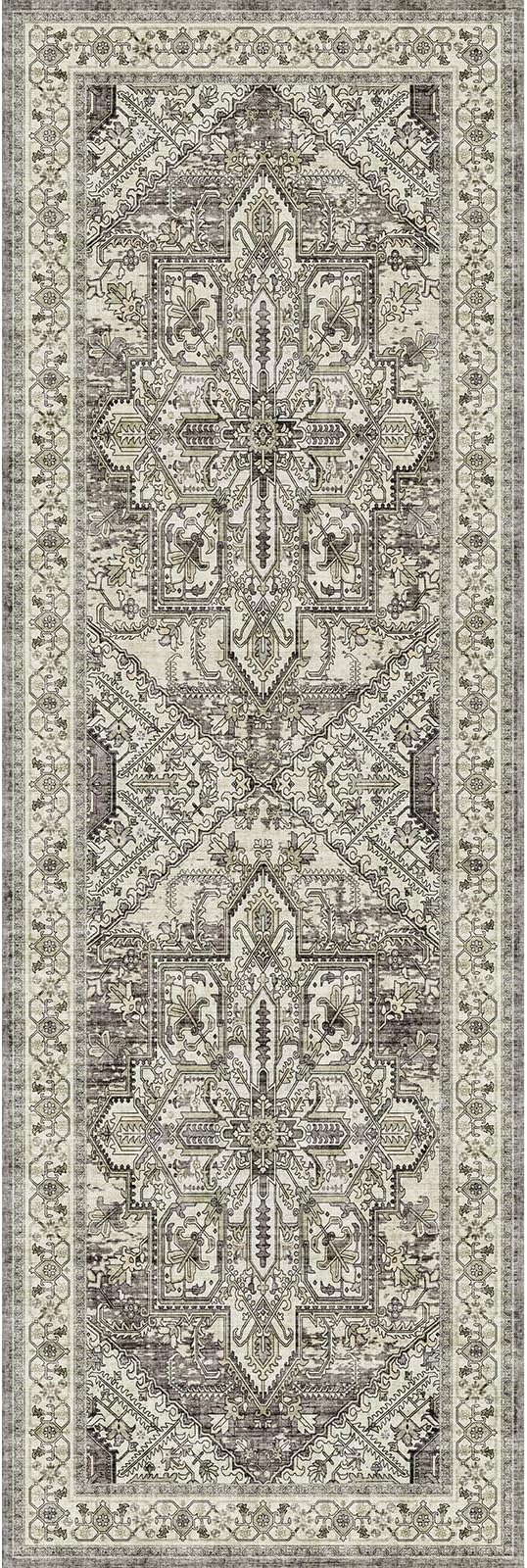 WITSHOCK Boho Area Rugs Machine Washable for Living Room Bedroom, 2x6 Vintage Non-Slip Stain Resistant Floor Carpet Indoor for Bedroom Kitchen Entryway Bathroom, Brown Lvory