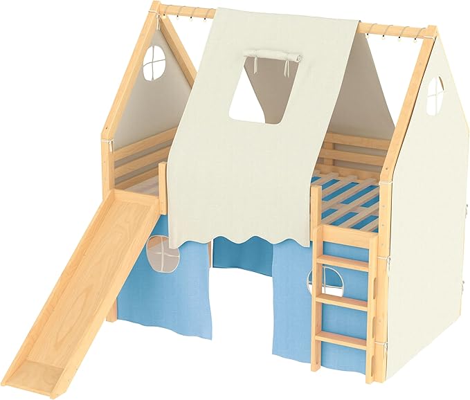 Playhouse Design Full Size Loft Bed with Slide & Tent, Solid Wood Tent Bed Frame for Kids Boys Girls, Versatile Spacious Under Bed Space, Chic Design with Lights (Natural+Blue-Full)