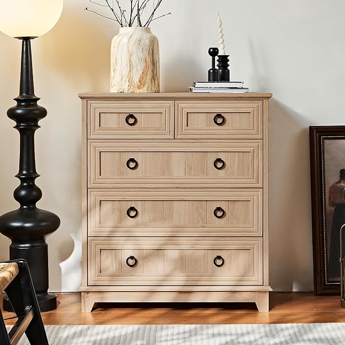 Farmhouse 5 Drawer Dresser for Bedroom, 33.2" Tall Small Dressers & Chest of Drawers, Rustic Wood Dresser with Metal Handle, Storage Organizer Closet for Living Room, Hallway, Entryway