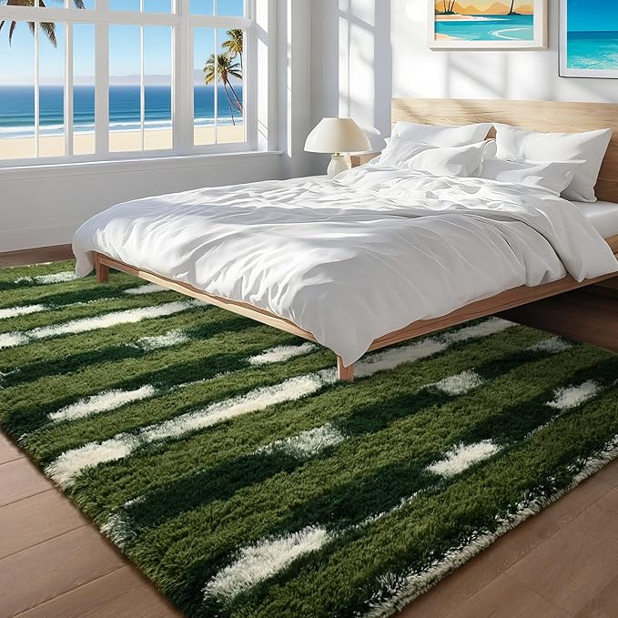 8x10 Feet Area Rugs for Living Room Bedroom,Green and White Machine Washable Soft Fluffy Shaggy Indoor Rug, Floor Carpet for Girls Boys Kids, Dorms, Nursery Rooms, Home Decor Aesthetic