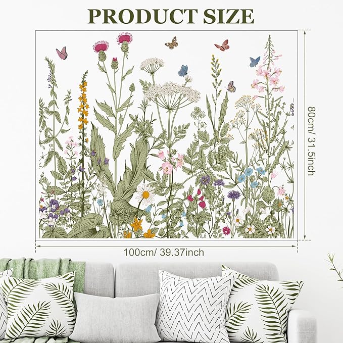 Zonon 6 Pcs Flowers Wall Decals Stickers Vinyl Removable Peel and Stick Colorful Dragonflies Floral Wall Murals Decor for Bedroom Living Room Nursery (Olive Green Flowers)