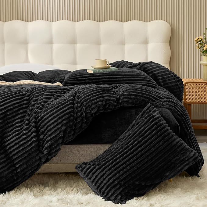 JELLYMONI Plush Duvet Cover Set - King Size Black Striped Fluffy Comforter Cover 3pcs Bedding Set Luxury Ultra Soft Faux Fur Duvet Cover with Zipper and 2 Pillowcases (NO Comforter)