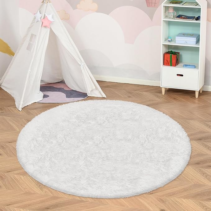 4 ft Round Fluffy White Rug for Bedroom,Tie Dyed Furry Round Carpet Non Slip Fuzzy Shaggy Plush Circle Area Rug for Living Room Teen's Room Nursery Room Playroom Kids Room Home Decor Washable