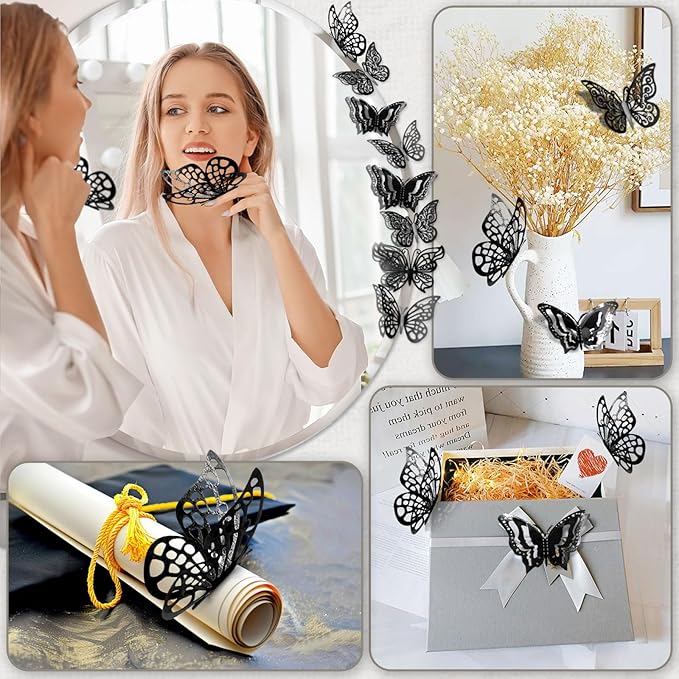 96 Pcs Butterfly Decorations 3 Sizes 4 Styles 3D Butterfly Wall Decor Party Decorations Butterflies for Crafts Birthday & Wedding Celebrations Cake Decorating Balloons Removable Stickers Black