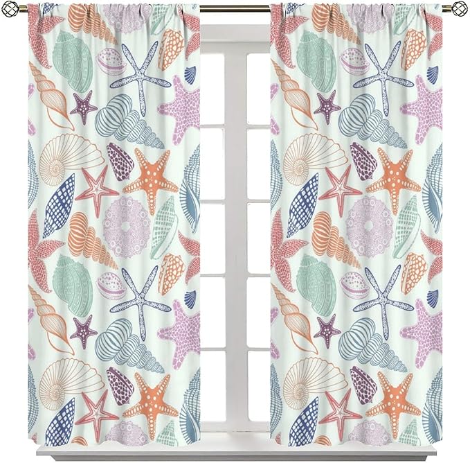 Coastal Nautical Curtains,Colorful Starfish Seashell Beach Sea Starfish Seashell Theme Pattern Blackout Print Home Bedroom Living Room Window Treatmen 2 Panel Set 42x63 Inch
